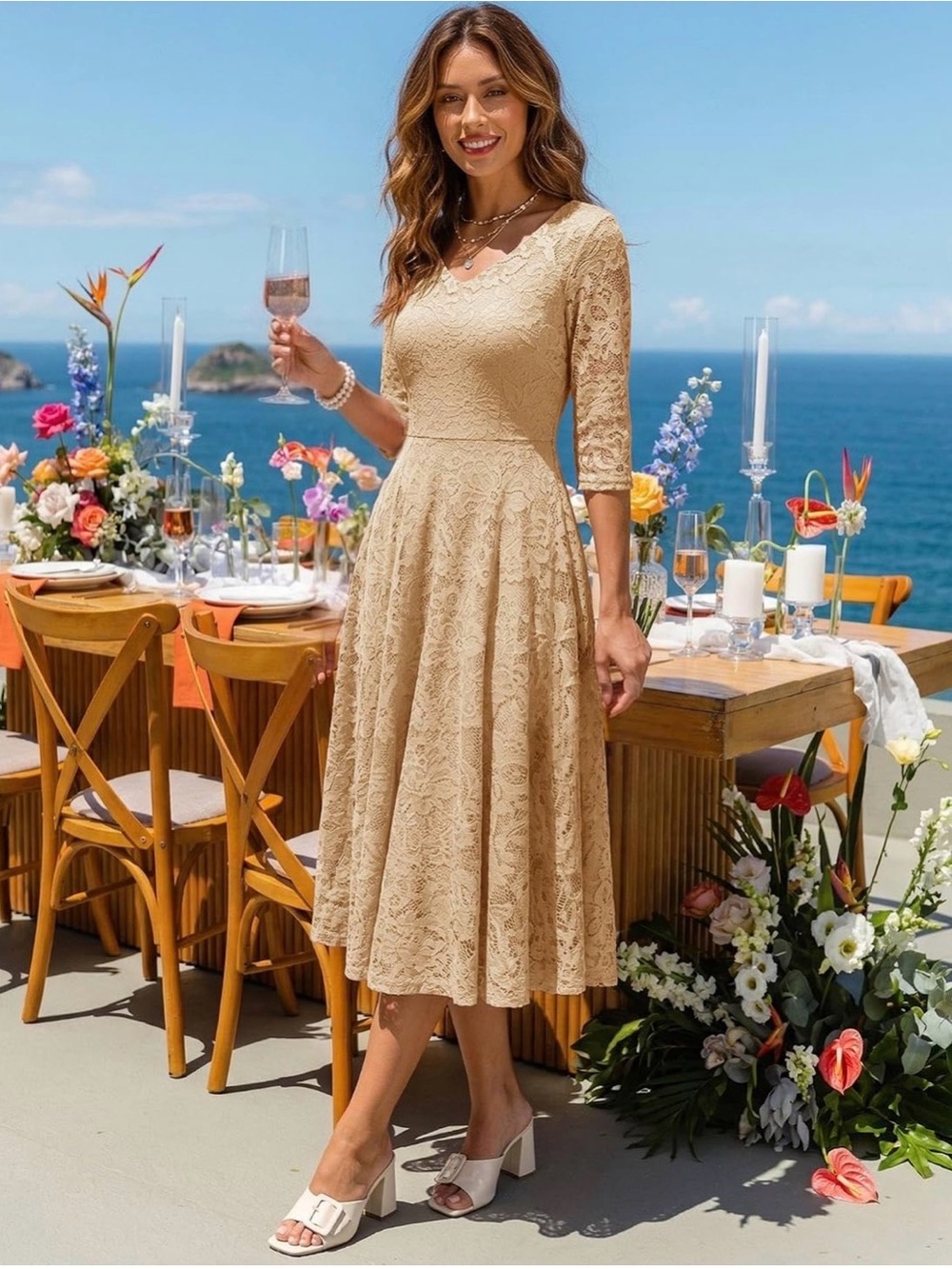 Elegant Beige Lace Midi Dress with Three-Quarter Sleeves